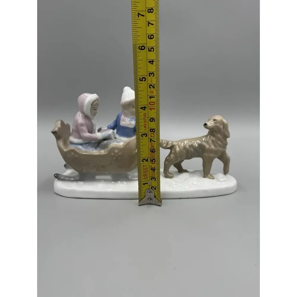 Meico Figurine Boy & Girl Sled Retriever Dog Snow Winter Porcelain Figurine 8”